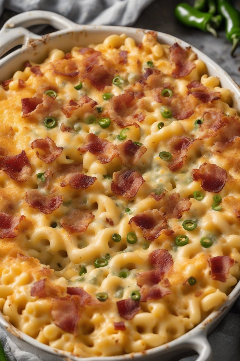 A high-resolution photo of spicy bacon jalapeño baked mac and cheese oozing cheese with green flecks and crispy edges, under soft lighting.