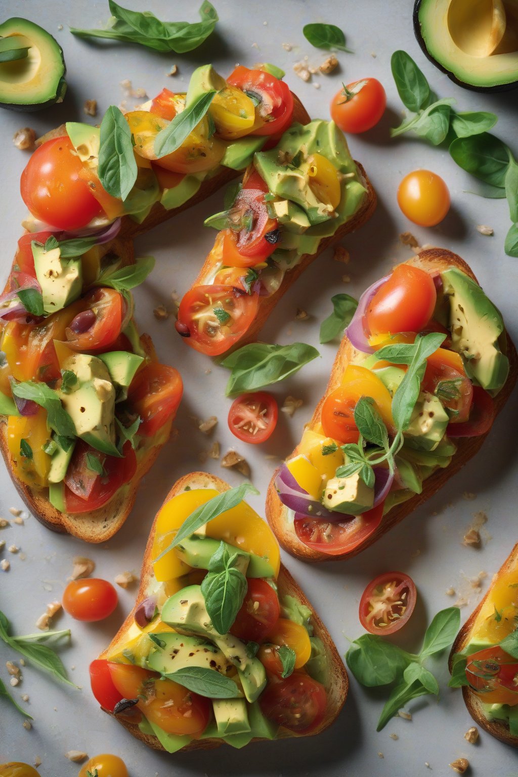 A high-resolution close-up photo of heirloom tomato and avocado bruschetta, with vibrant colors and creamy layers under soft lighting.
