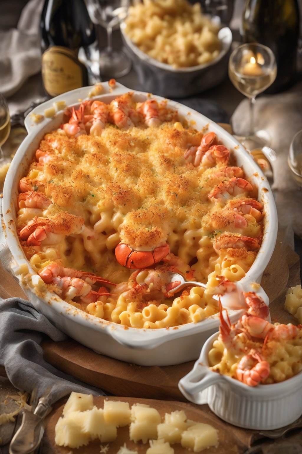 A high-resolution photo of luxurious lobster baked mac and cheese with chunks of lobster tail and bubbly cheese crust, under soft lighting.