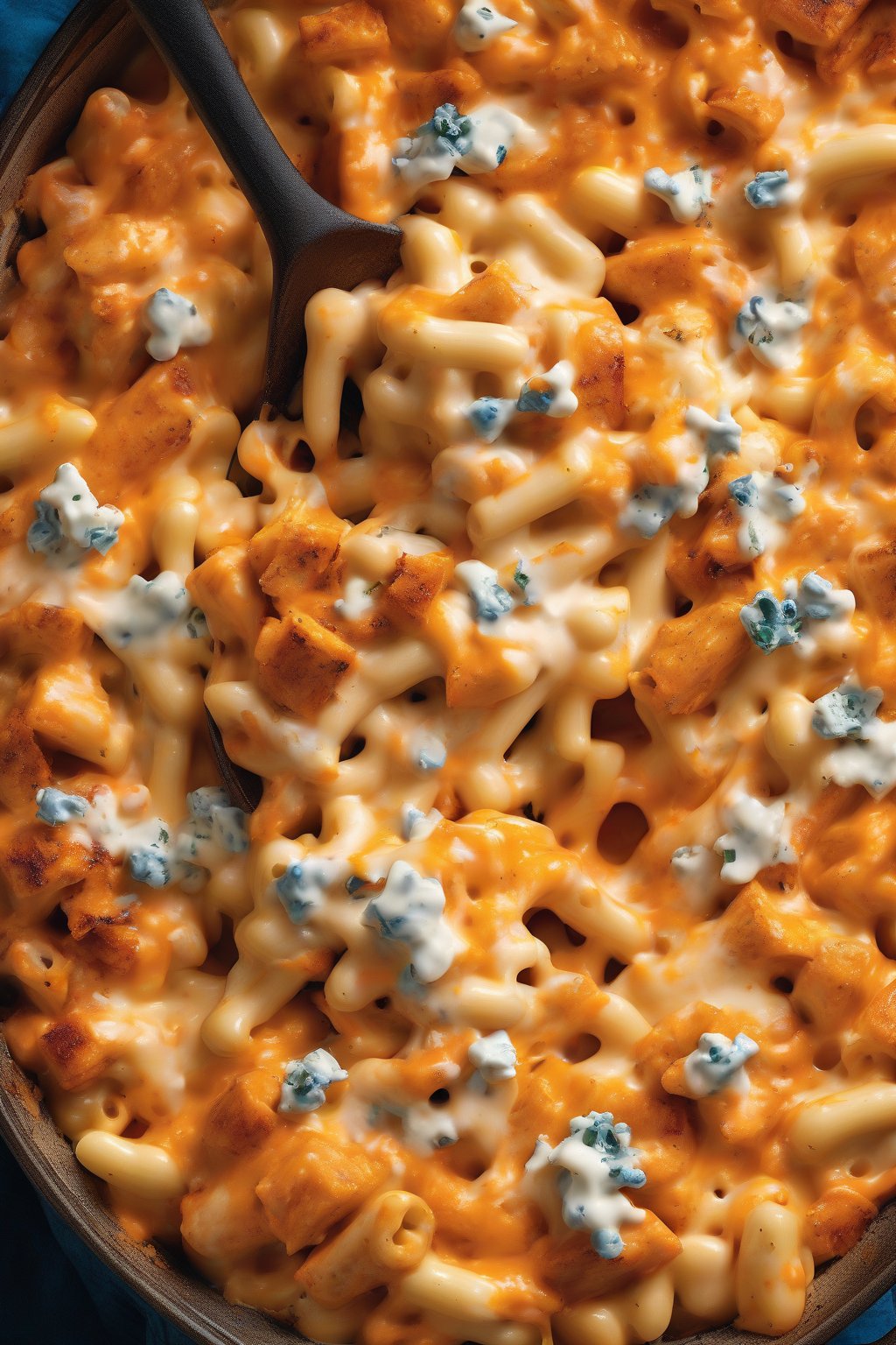 A high-resolution photo of buffalo chicken baked mac and cheese with fiery orange hues and melted blue cheese, under soft lighting.