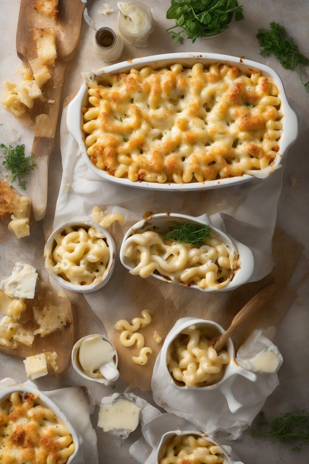 A high-resolution photo of four-cheese Italian baked mac and cheese with stretchy mozzarella pulls and herb-flecked top, under soft lighting.