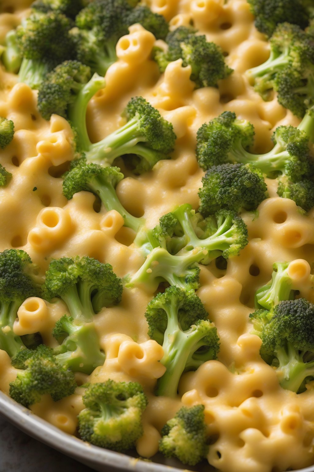 A high-resolution photo of broccoli cheddar baked mac and cheese with vibrant green florets amid golden cheese, under soft lighting.