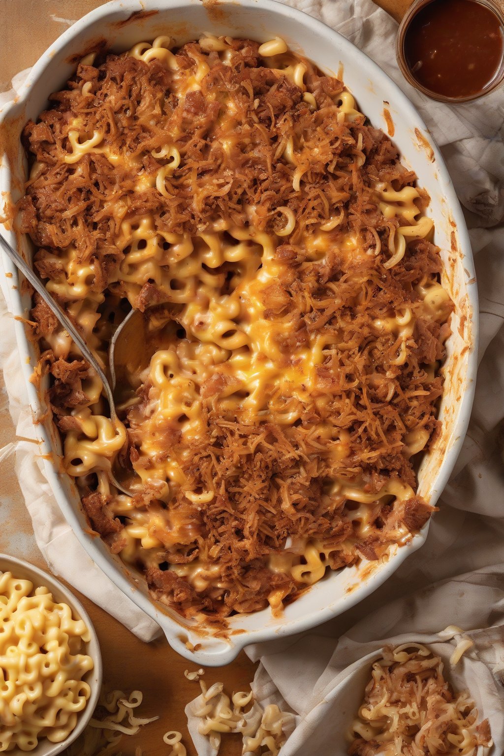 A high-resolution photo of BBQ pulled pork baked mac and cheese with saucy shreds and crispy onion topping, under soft lighting.