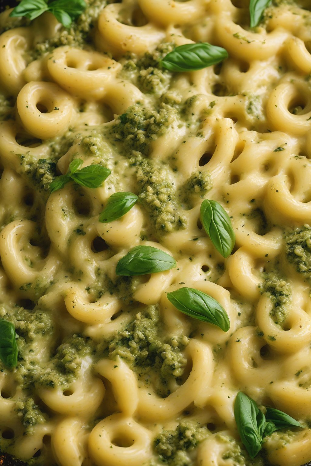 A high-resolution photo of pesto parmesan baked mac and cheese swirled with green pesto and nutty garnish, under soft lighting.