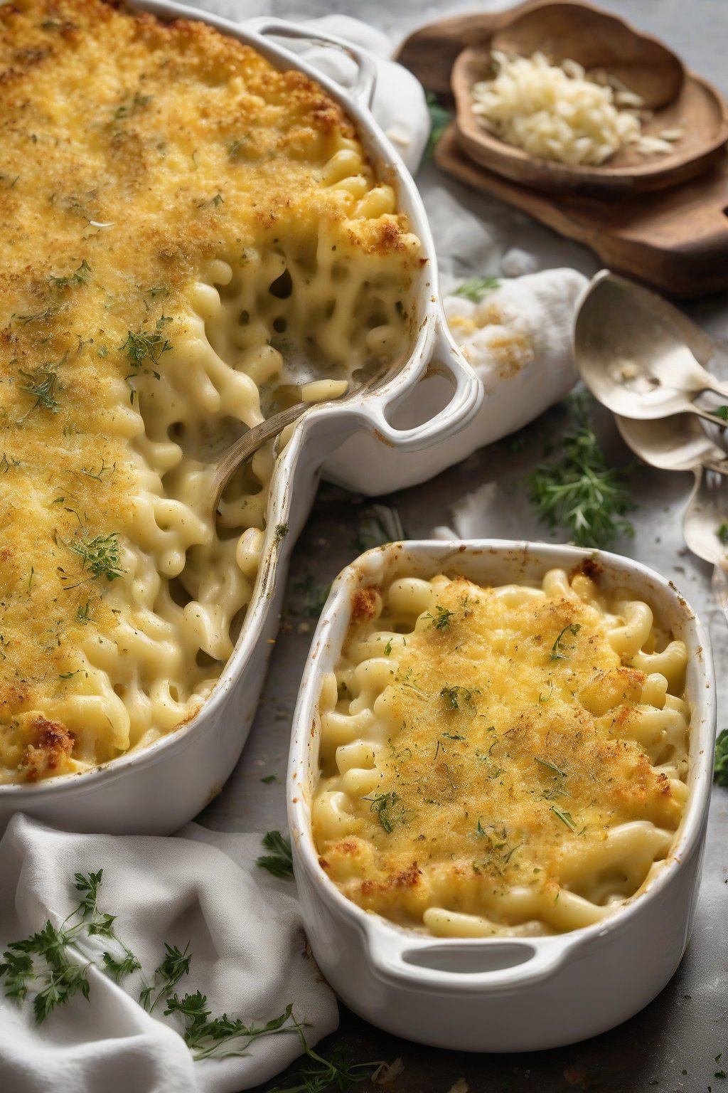 A high-resolution photo of garlic herb baked mac and cheese steaming with golden crust and herb flecks, under soft lighting.