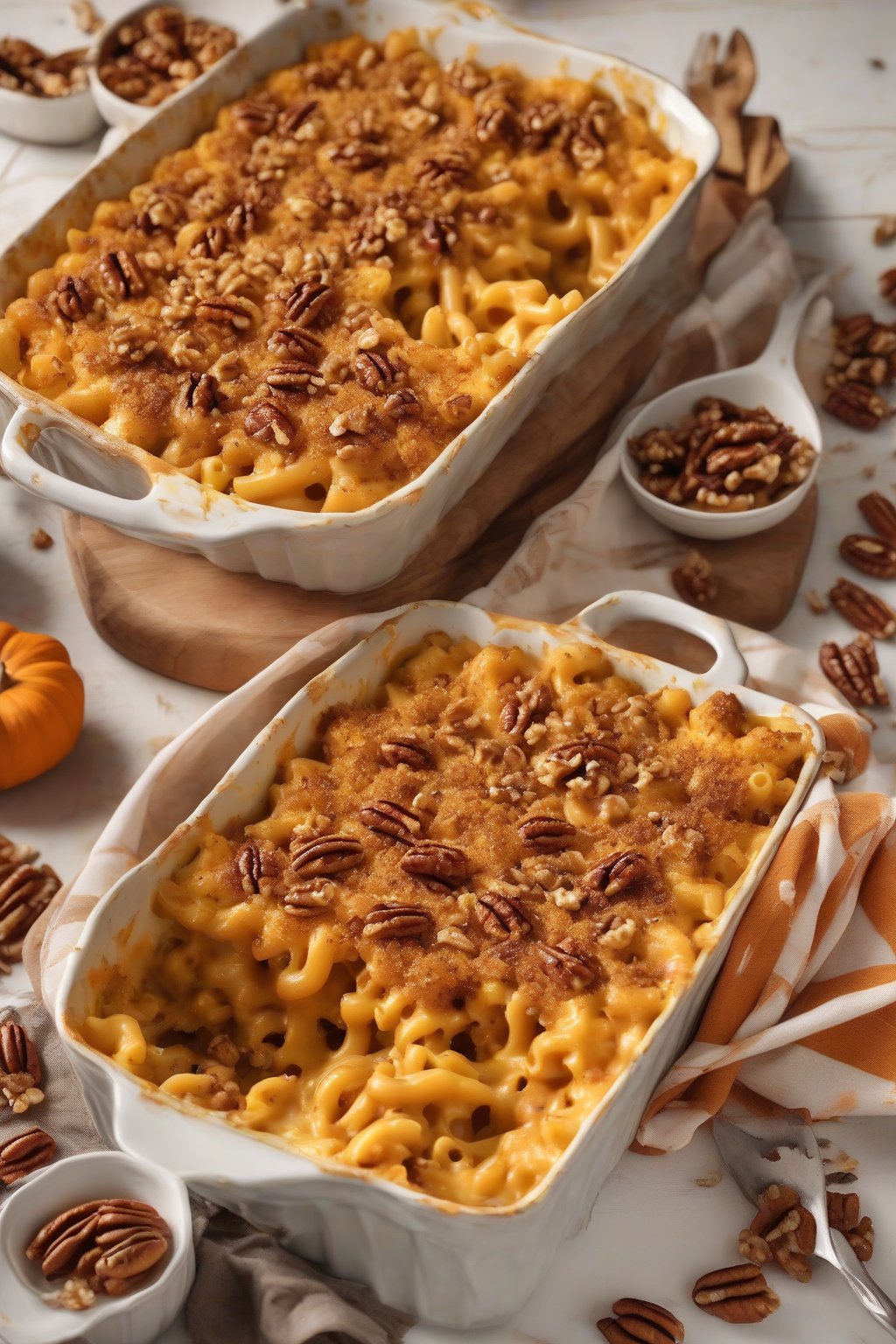 A high-resolution photo of pumpkin spice baked mac and cheese with warm orange tones and pecan crunch, under soft lighting.
