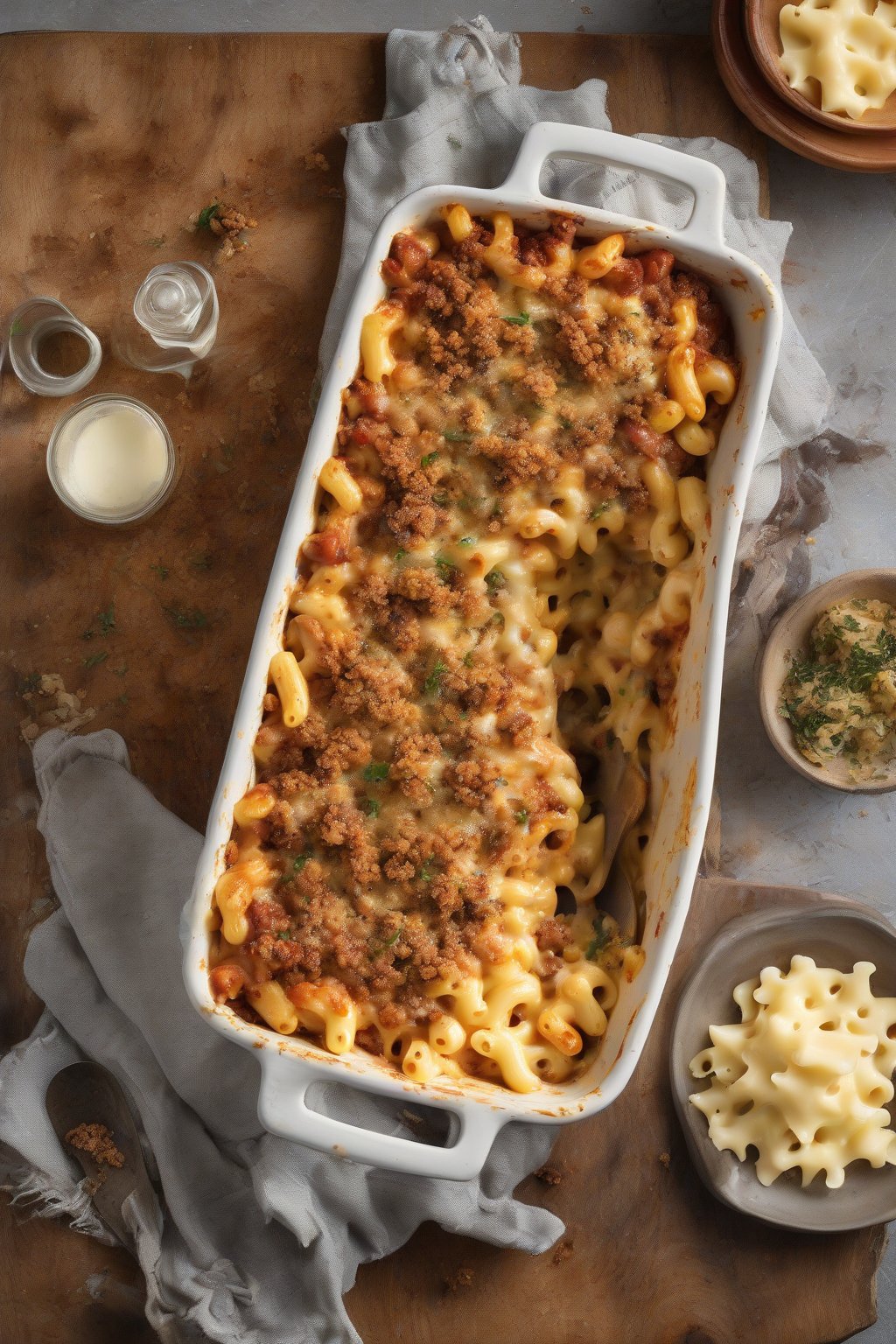 A high-resolution photo of Italian sausage baked mac and cheese loaded with meat crumbles and melted fontina, under soft lighting.