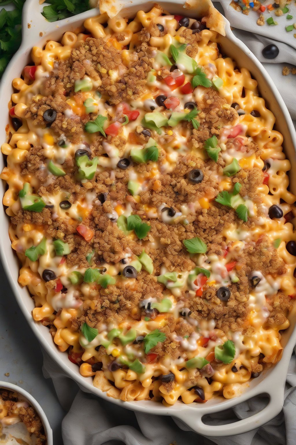 A high-resolution photo of loaded nacho baked mac and cheese with colorful toppings and chip crumble, under soft lighting.
