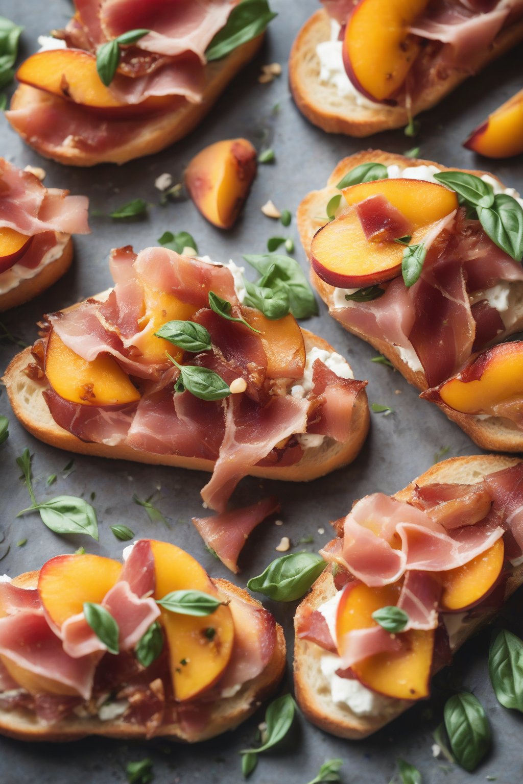 A high-resolution close-up photo of peach and prosciutto bruschetta, showing juicy slices and crispy prosciutto under soft lighting.