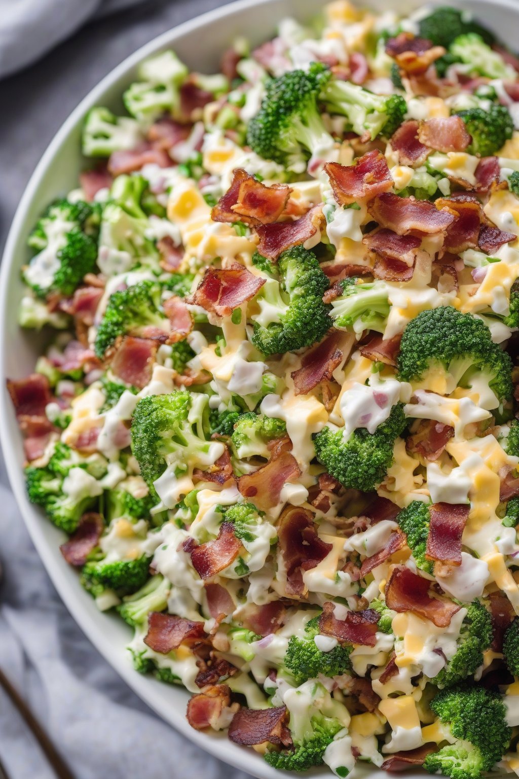 A high-resolution photo of classic bacon broccoli crunch salad in a white bowl, topped with crumbled bacon and cheese, under soft lighting.