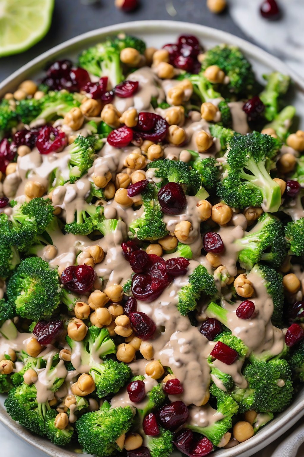 A high-resolution photo of vegan tahini broccoli salad with chickpeas and cranberries, drizzled with sauce, under soft lighting.