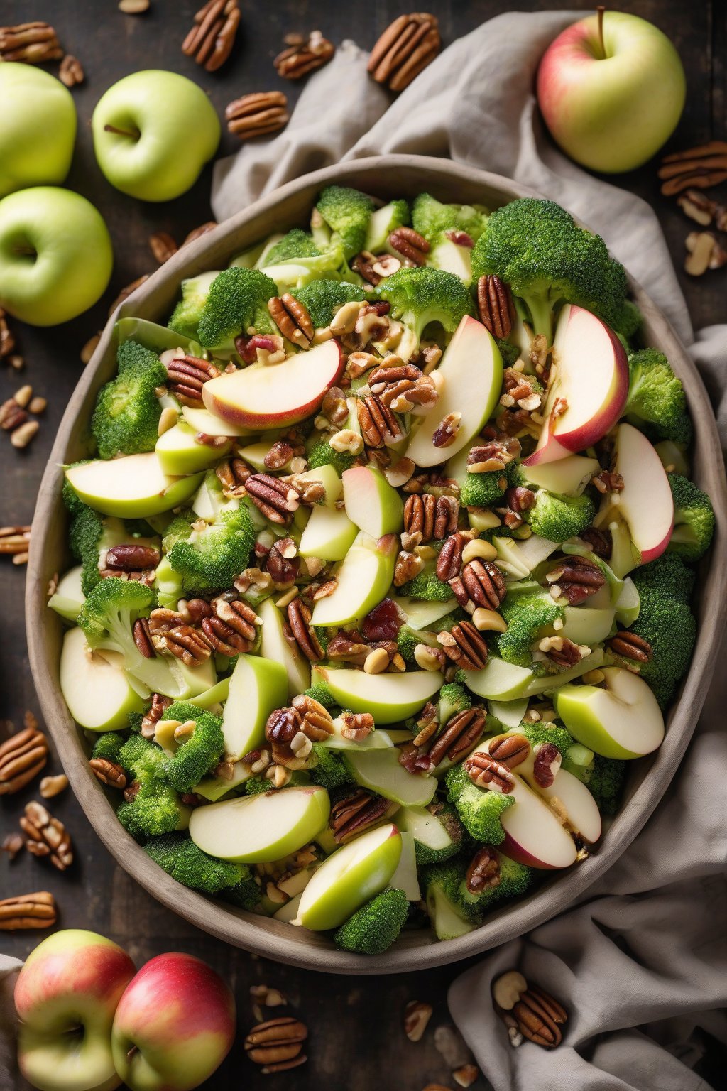 A high-resolution photo of apple pecan broccoli crunch salad, with sliced apples and nuts scattered on top, under soft lighting.