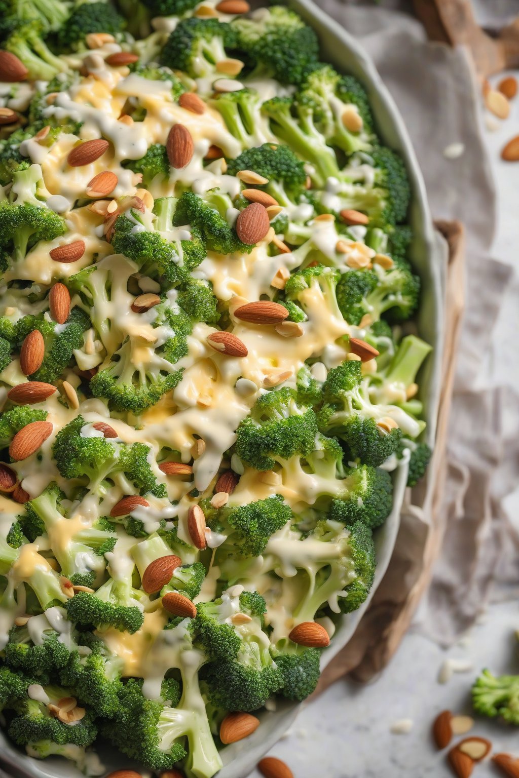 A high-resolution photo of cheesy ranch broccoli salad piled high with cheese and almonds, under soft lighting.
