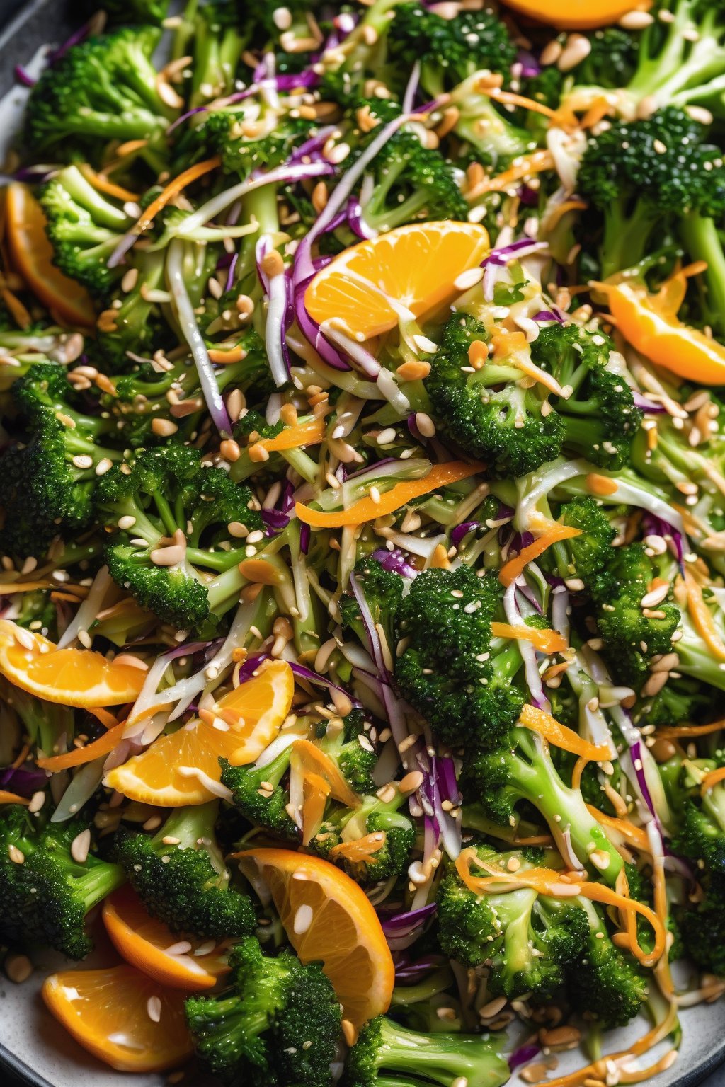 A high-resolution photo of Asian sesame broccoli slaw with oranges and sesame seeds, glossy with dressing, under soft lighting.