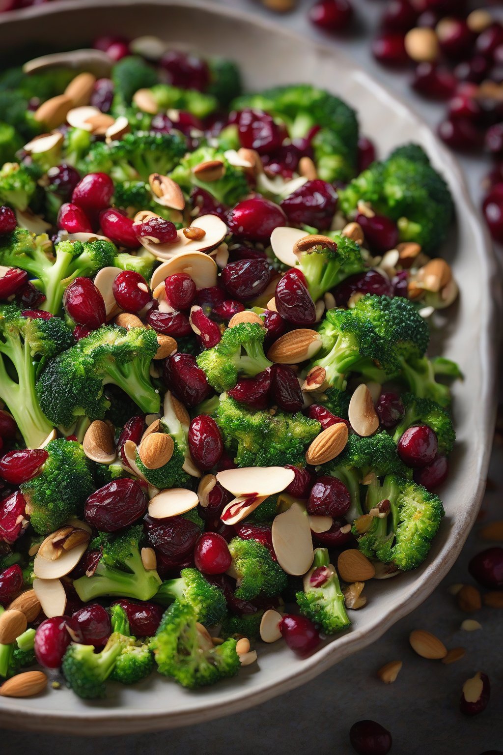 A high-resolution photo of cranberry almond broccoli salad, vibrant with red berries and nuts, under soft lighting.