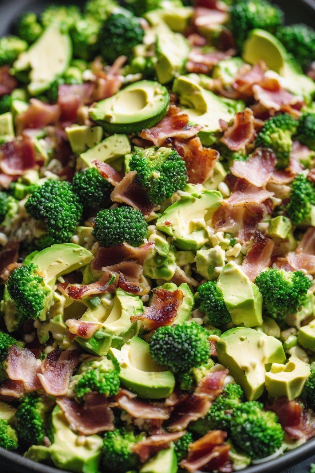 A high-resolution photo of keto bacon avocado broccoli salad, creamy green with bacon bits, under soft lighting.