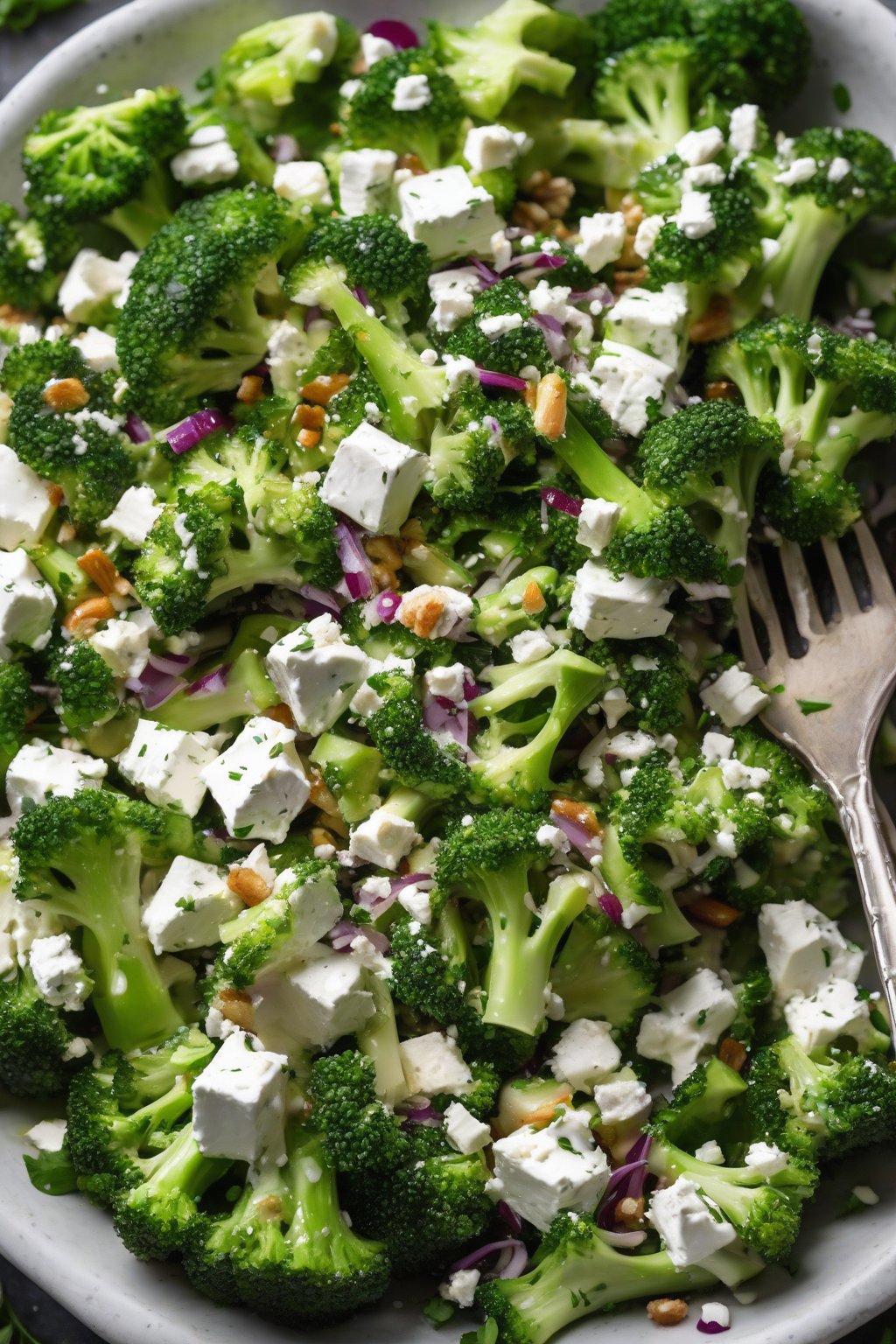 A high-resolution photo of Greek yogurt herb broccoli salad topped with feta and herbs, under soft lighting.