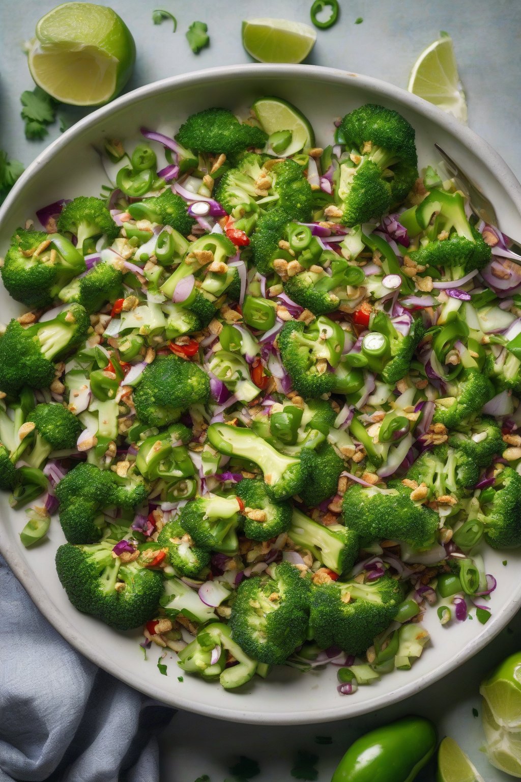 A high-resolution photo of spicy jalapeño broccoli crunch salad with green chiles and lime wedges, under soft lighting.
