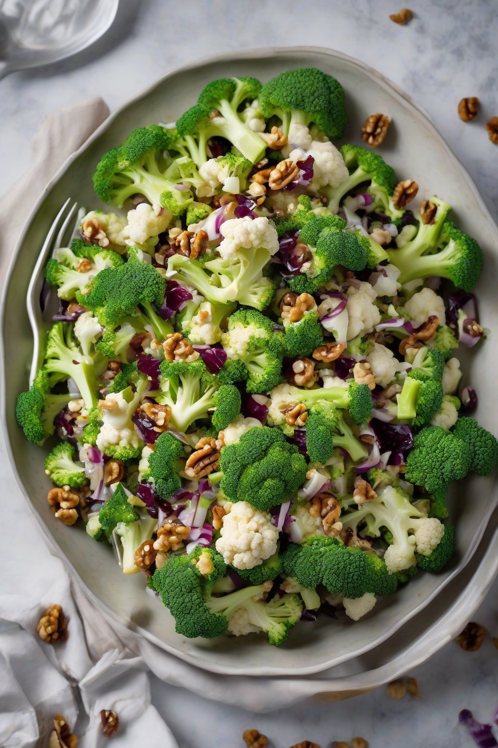 A high-resolution photo of broccoli cauliflower raisin salad with walnuts, textured and colorful, under soft lighting.