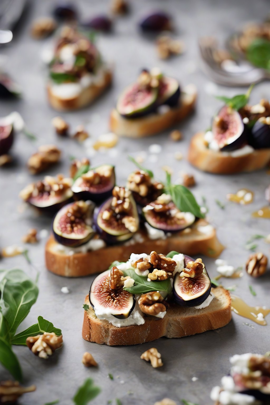 A high-resolution close-up photo of fig and goat cheese bruschetta, drizzled with honey and scattered walnuts under soft lighting.