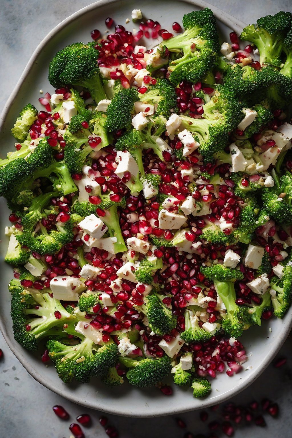 A high-resolution photo of pomegranate feta broccoli salad bursting with red seeds, under soft lighting.