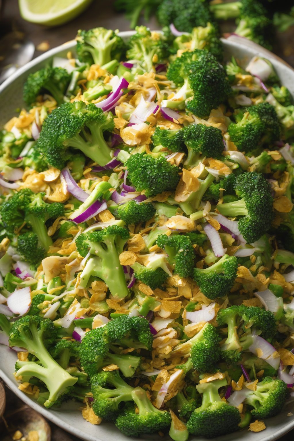 A high-resolution photo of curry coconut broccoli salad with golden coconut flakes, under soft lighting.