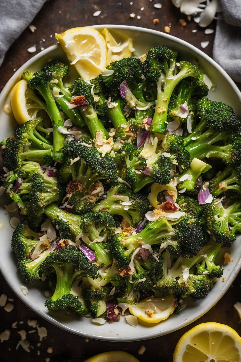 A high-resolution photo of lemon garlic roasted broccoli salad with parmesan shavings, under soft lighting.