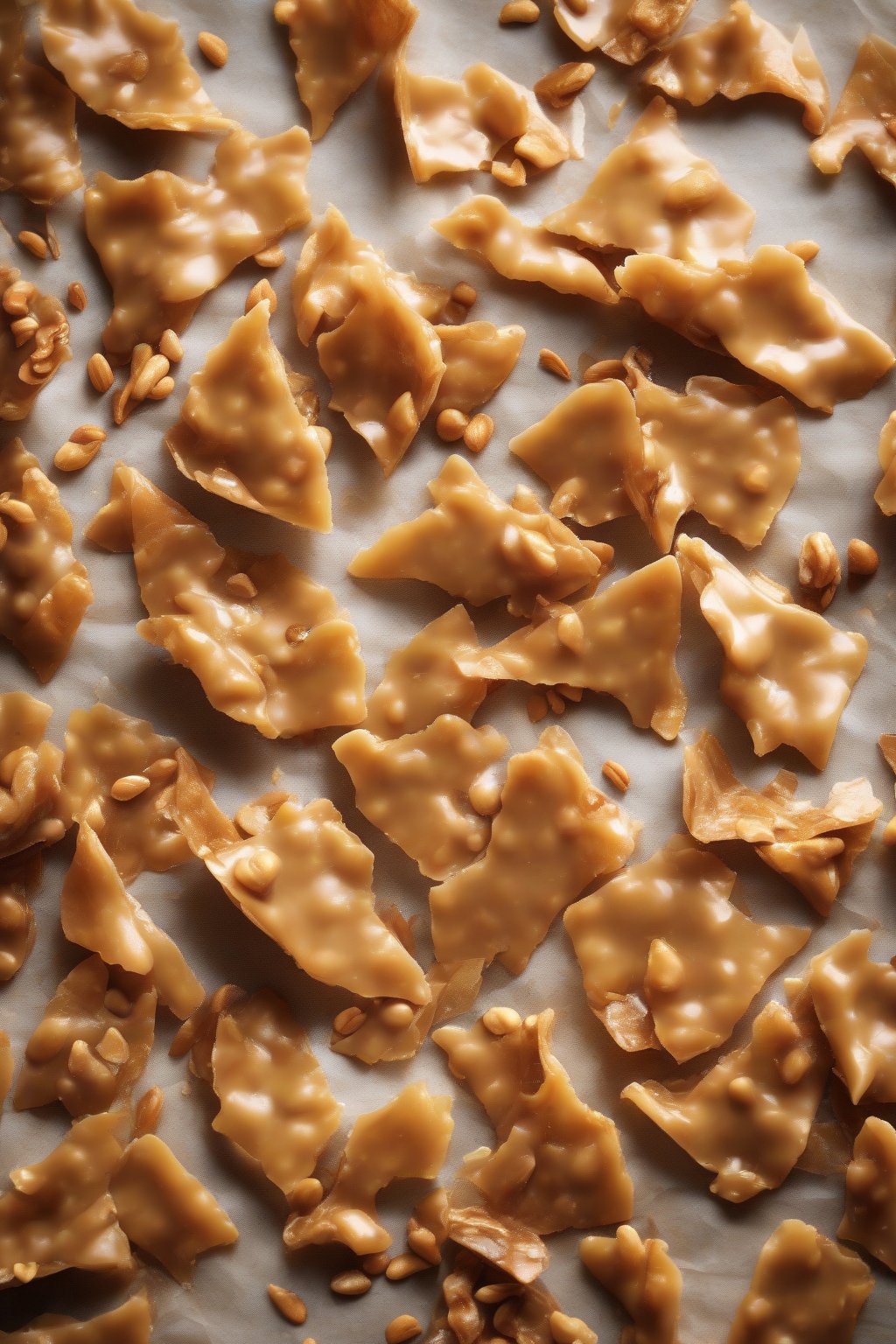 A high-resolution photo of classic crunchy peanut brittle shards scattered on parchment paper under soft lighting.