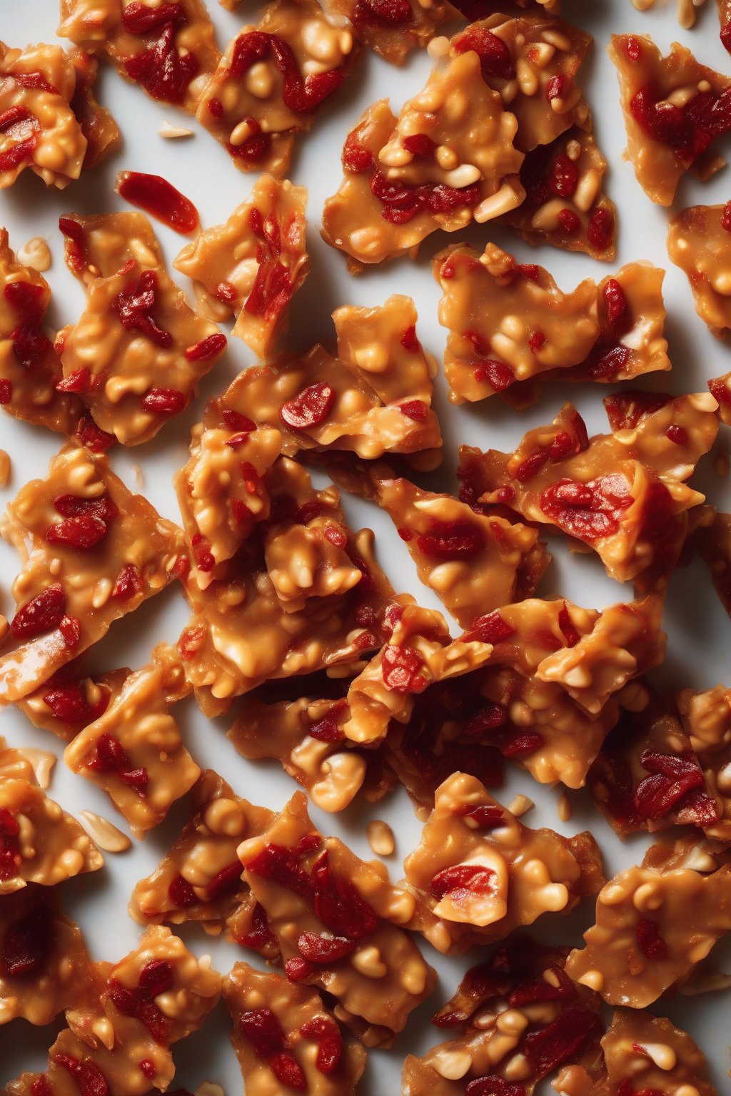 A high-resolution photo of spicy chili peanut brittle pieces with red flecks, piled high under soft lighting.