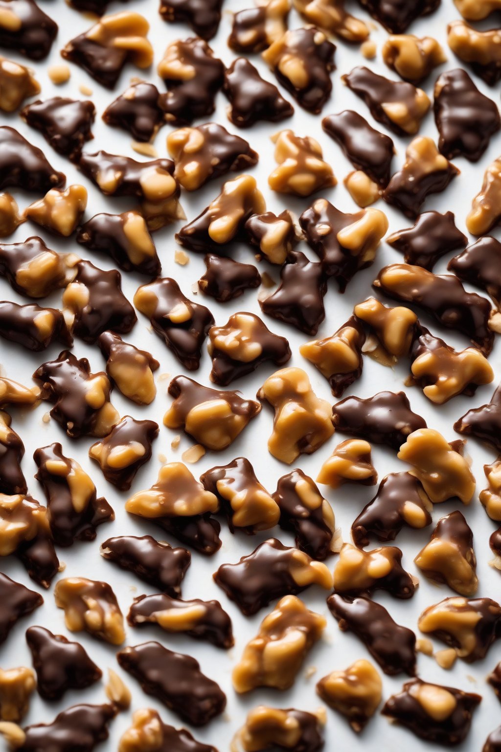 A high-resolution photo of sea salt chocolate peanut brittle with glossy chocolate drizzles under soft lighting.
