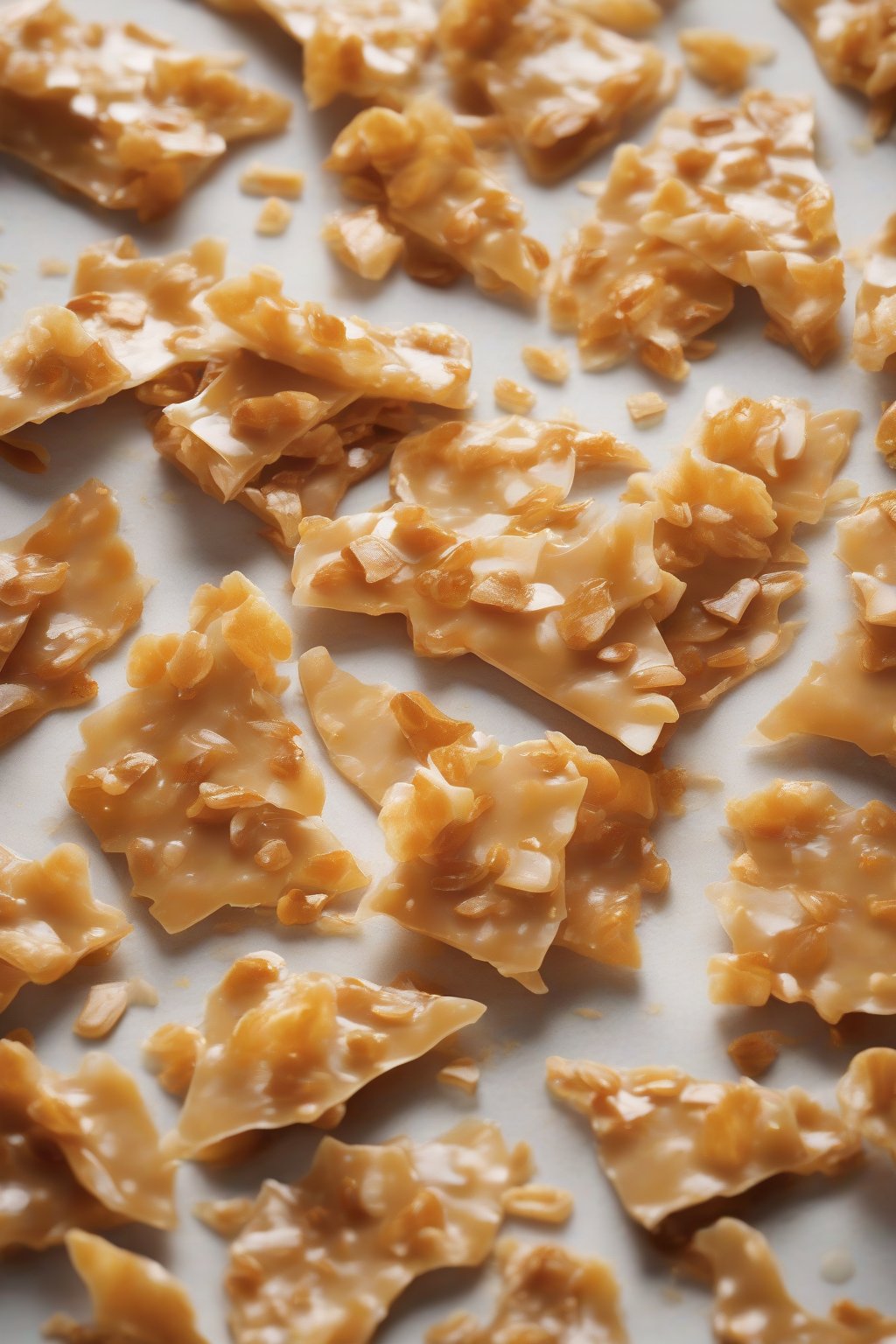 A high-resolution photo of coconut peanut brittle shards with golden flakes embedded under soft lighting.