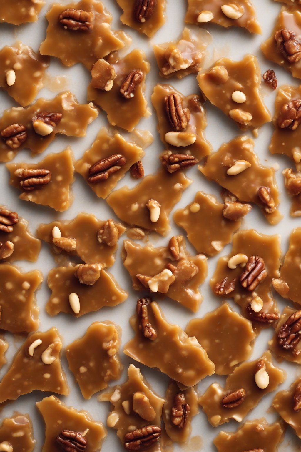 A high-resolution photo of maple pecan peanut brittle with caramel hues under soft lighting.