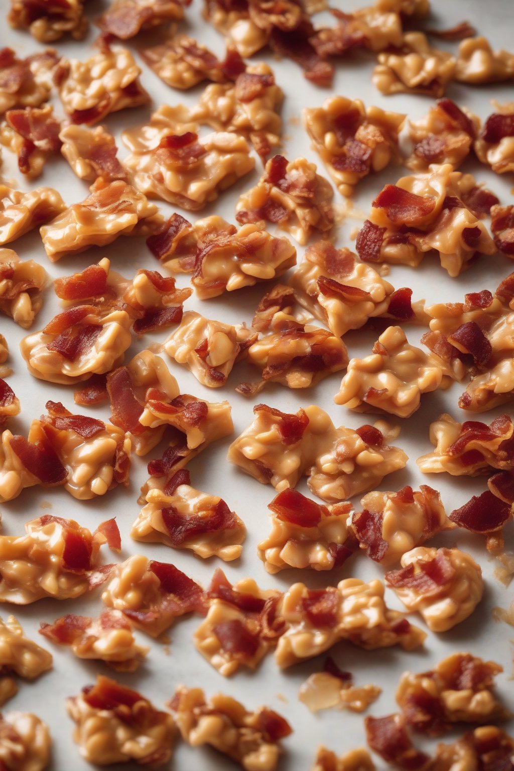 A high-resolution photo of bacon peanut brittle chunks with visible bacon bits under soft lighting.