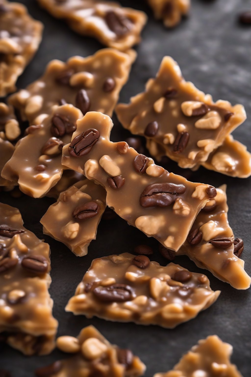 A high-resolution photo of coffee peanut brittle with dark roasted tones under soft lighting.