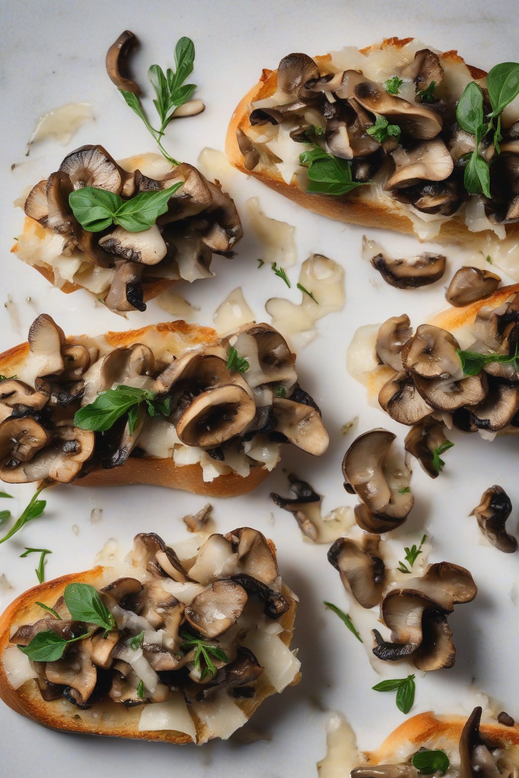 A high-resolution close-up photo of wild mushroom bruschetta with truffle oil shine and Parmesan shavings under soft lighting.