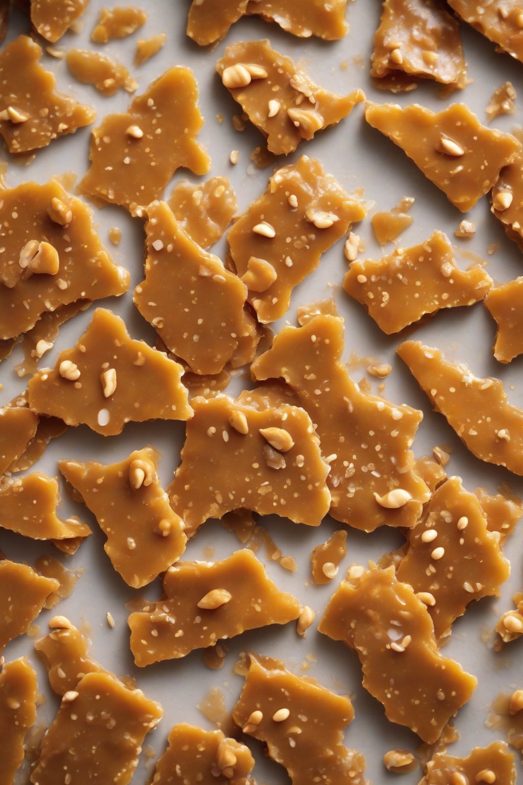 A high-resolution photo of pumpkin spice peanut brittle dusted with orange flecks under soft lighting.
