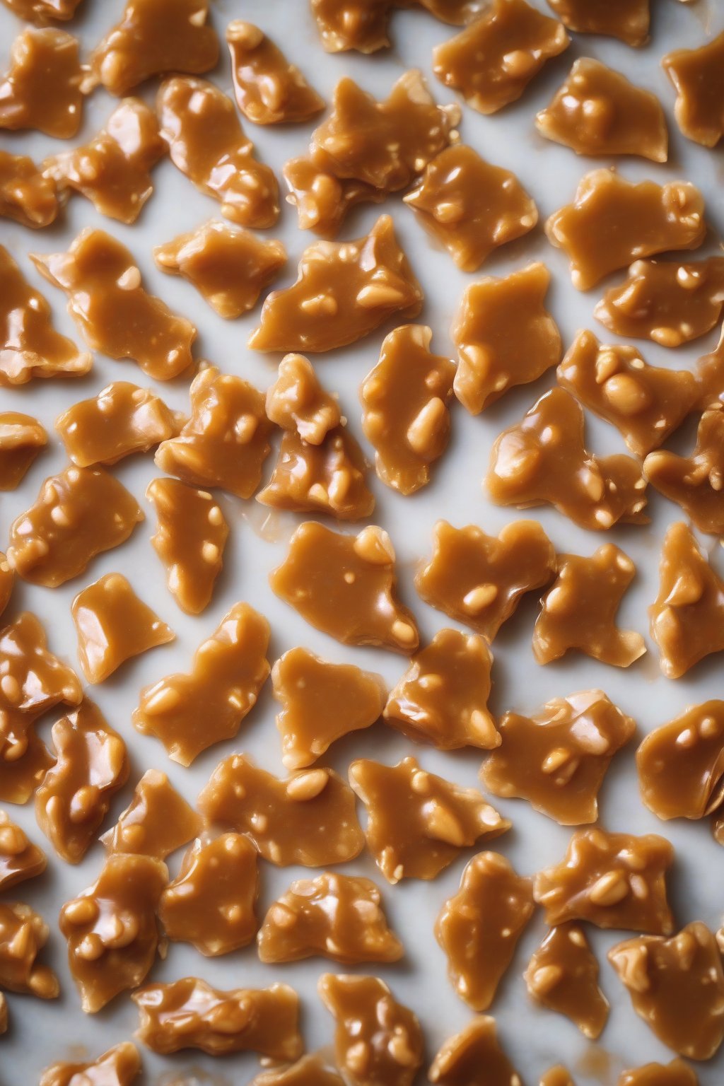 A high-resolution photo of honey roasted peanut brittle glistening slightly under soft lighting.