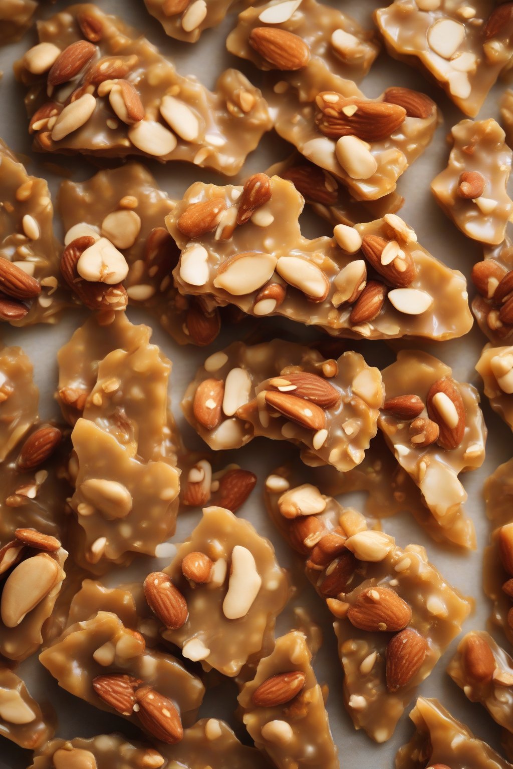 A high-resolution photo of almond peanut brittle with mixed nut clusters under soft lighting.