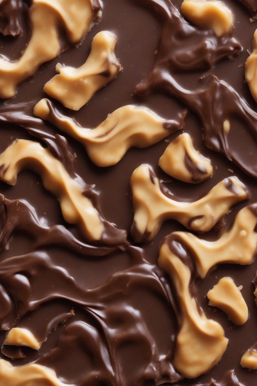 A high-resolution photo of dark chocolate swirl peanut brittle with marbled patterns under soft lighting.
