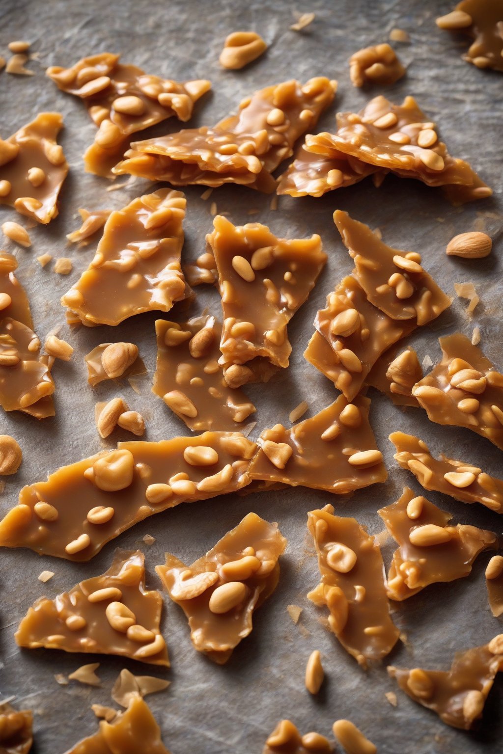 A high-resolution photo of vegan peanut brittle shards on a rustic board under soft lighting.