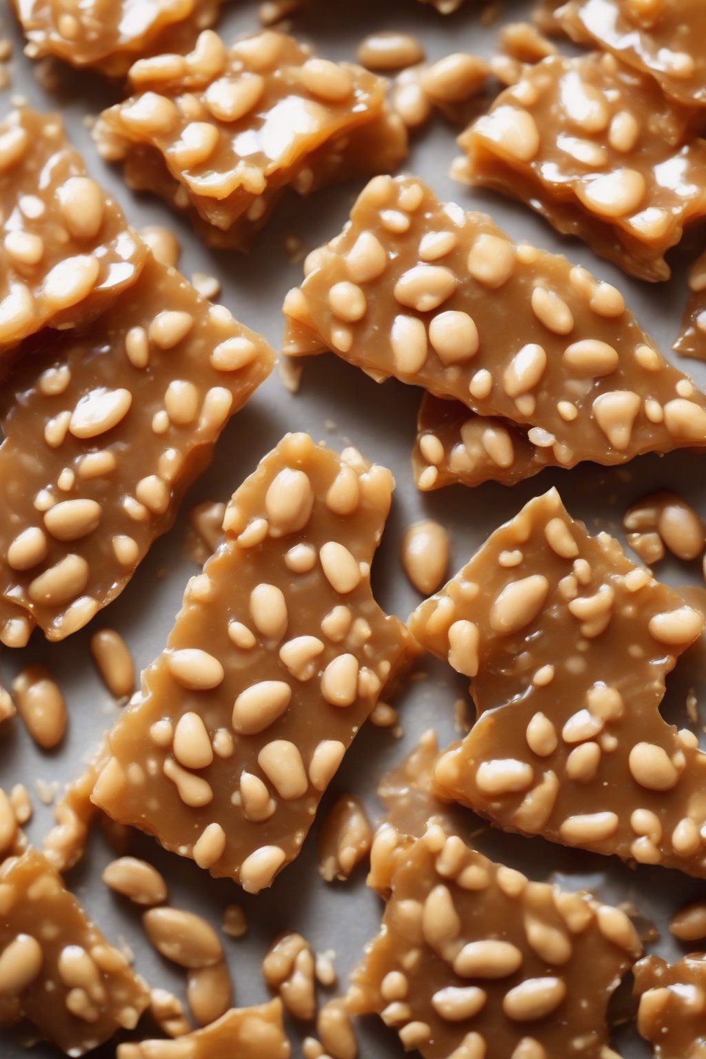 A high-resolution photo of sesame peanut brittle with shiny seed specks under soft lighting.
