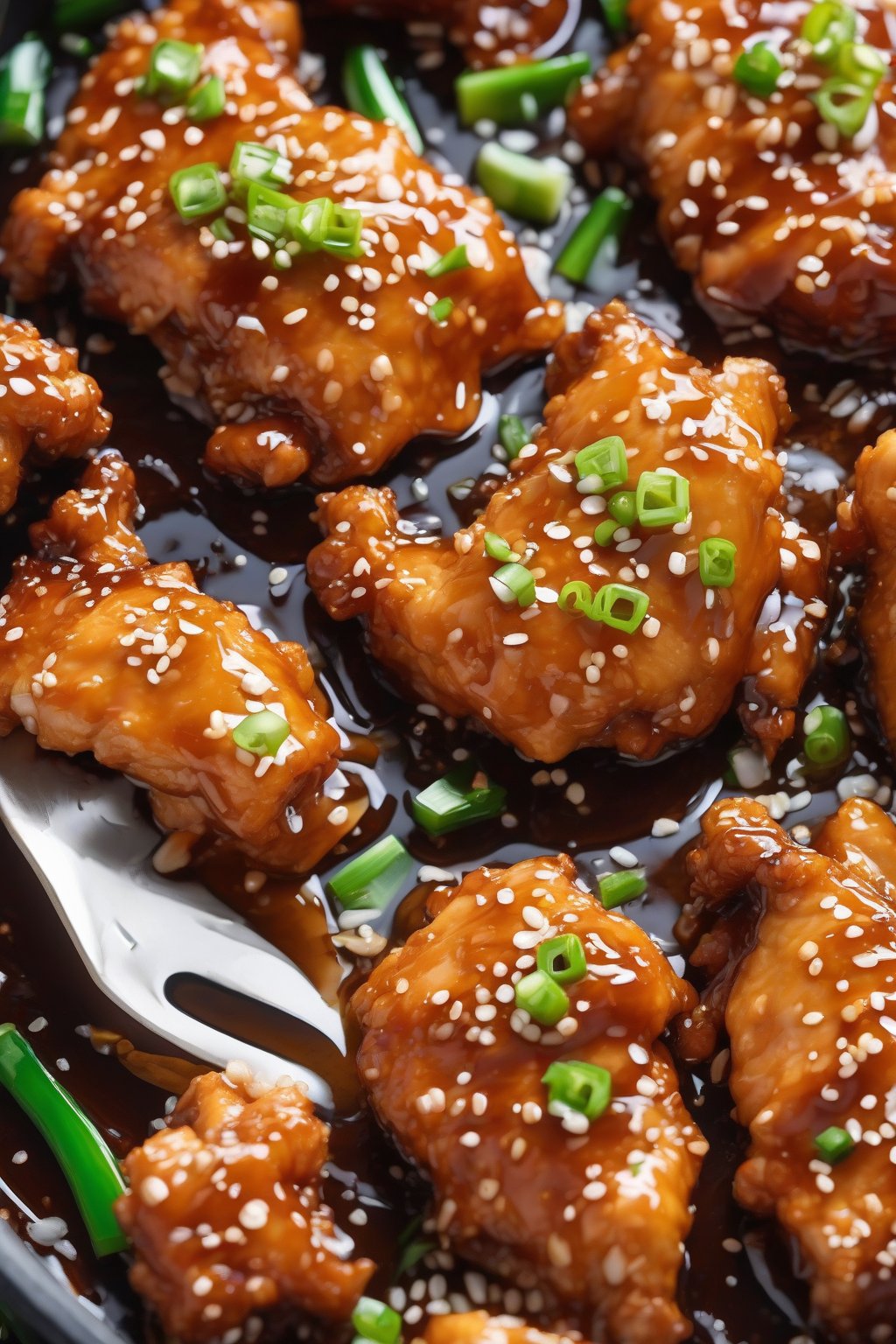 A high-resolution photo of golden crispy orange chicken pieces glazed in shiny sauce, garnished with sesame seeds and green onions, under soft lighting.