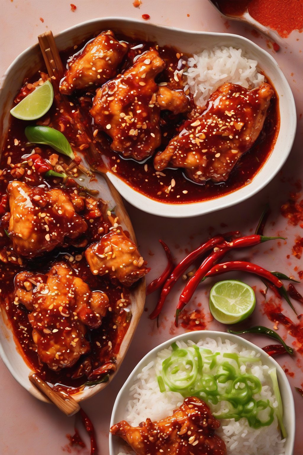 A high-resolution photo of spicy orange chicken glistening with red-flecked sauce, scattered with chili flakes, under soft lighting.
