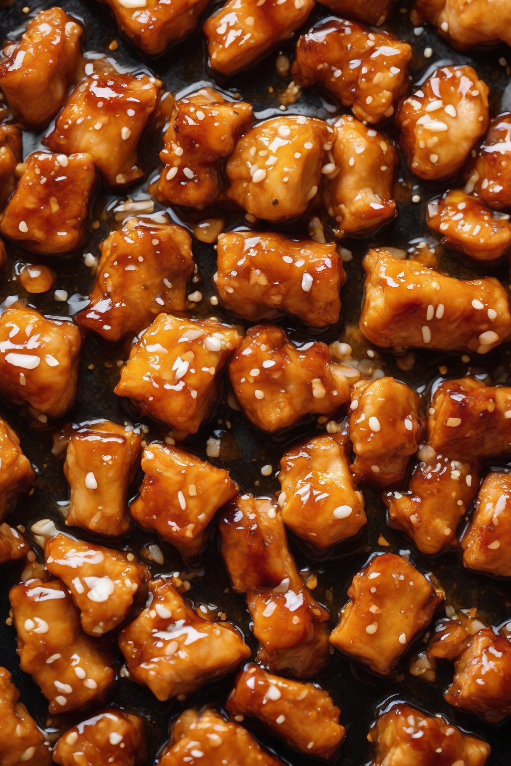 A high-resolution photo of honey-glazed orange chicken chunks with visible garlic bits, drizzled generously, under soft lighting.