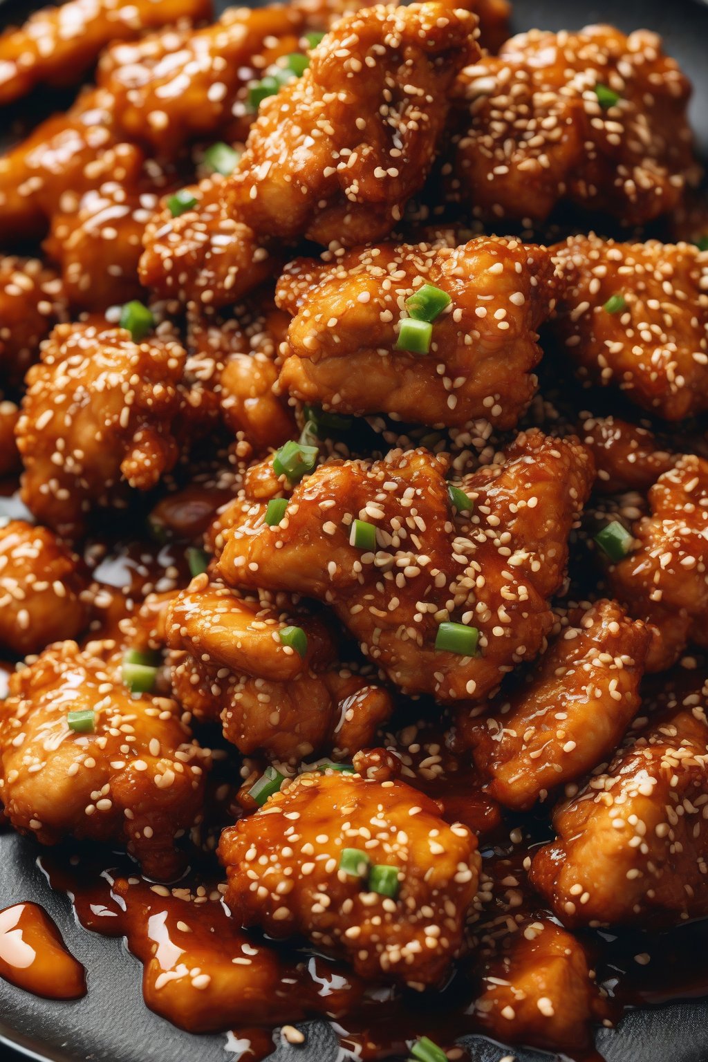 A high-resolution photo of sesame-encrusted orange chicken piled high, sauce pooling underneath, under soft lighting.