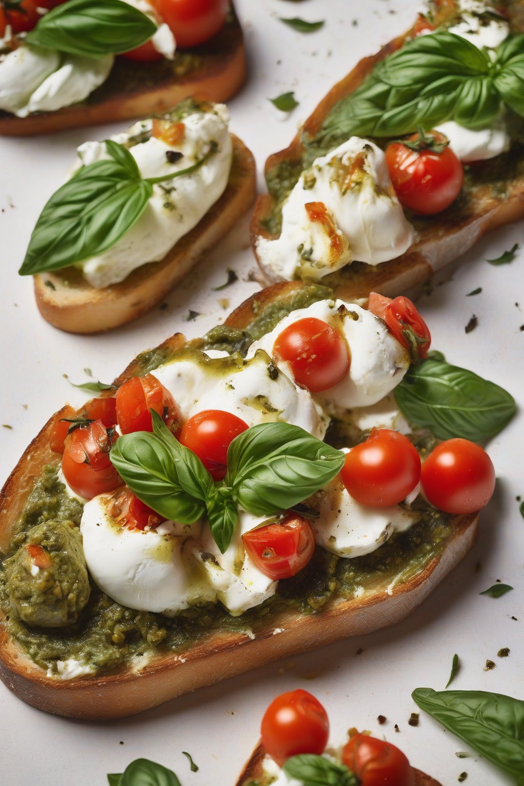 A high-resolution close-up photo of pesto and burrata bruschetta, with oozing cheese and fresh tomatoes under soft lighting.