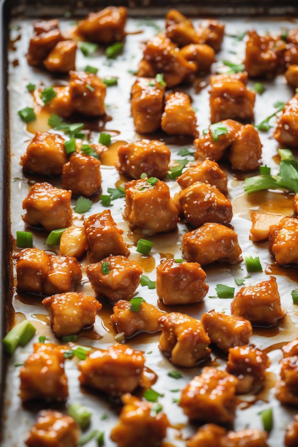 A high-resolution photo of baked orange chicken bites on a sheet pan, lightly crisped and sauced, under soft lighting.