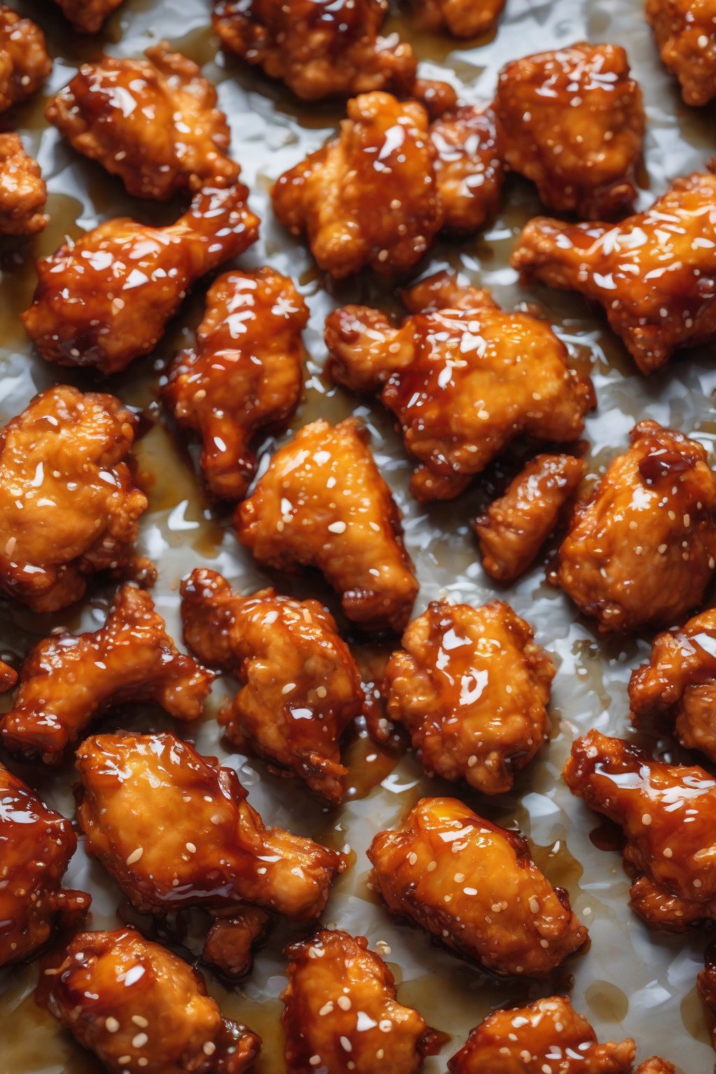 A high-resolution photo of air-fried orange chicken fresh from the basket, extra crispy with glossy glaze, under soft lighting.