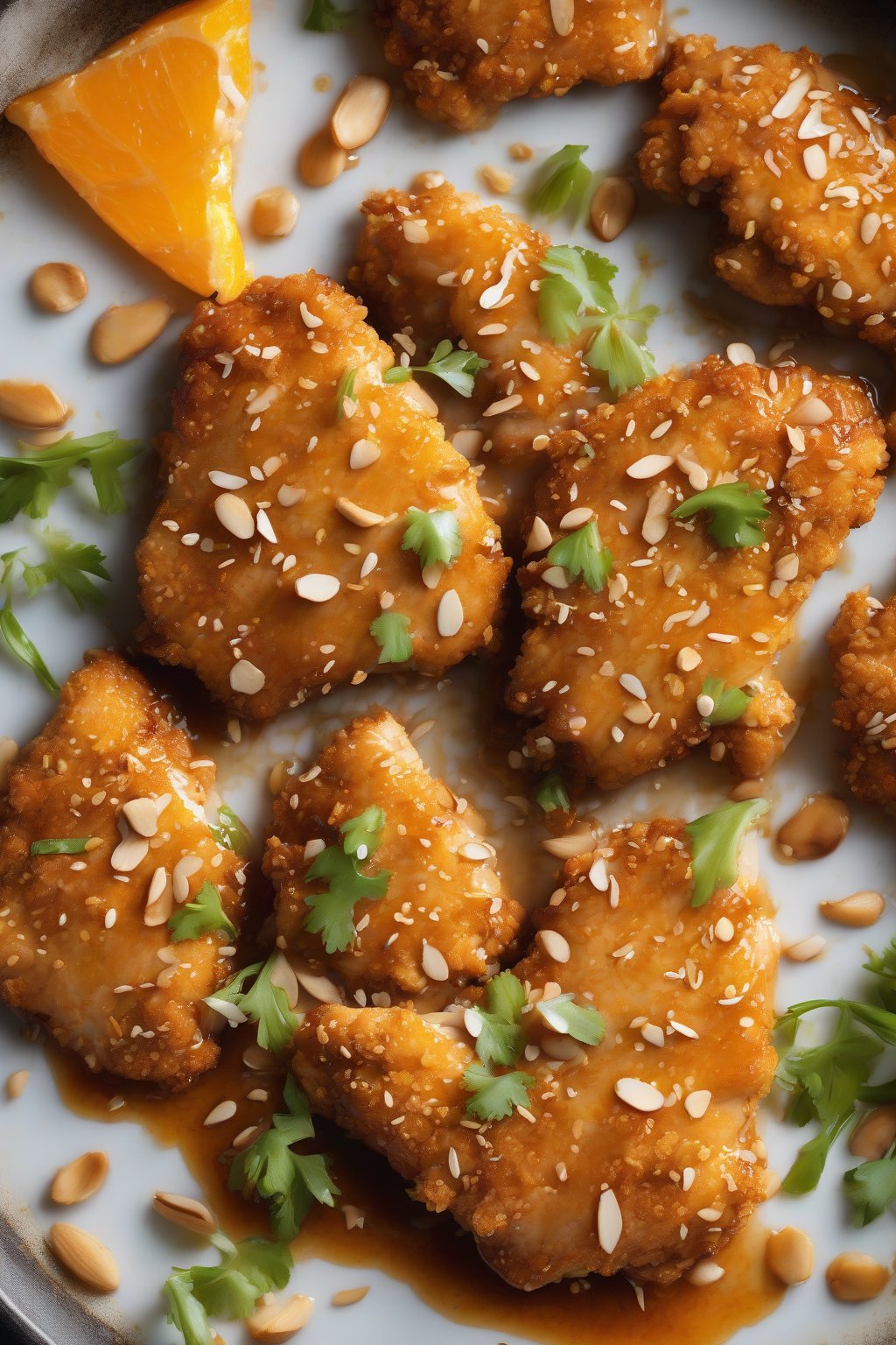 A high-resolution photo of gluten-free almond-crusted orange chicken, textured and saucy, under soft lighting.