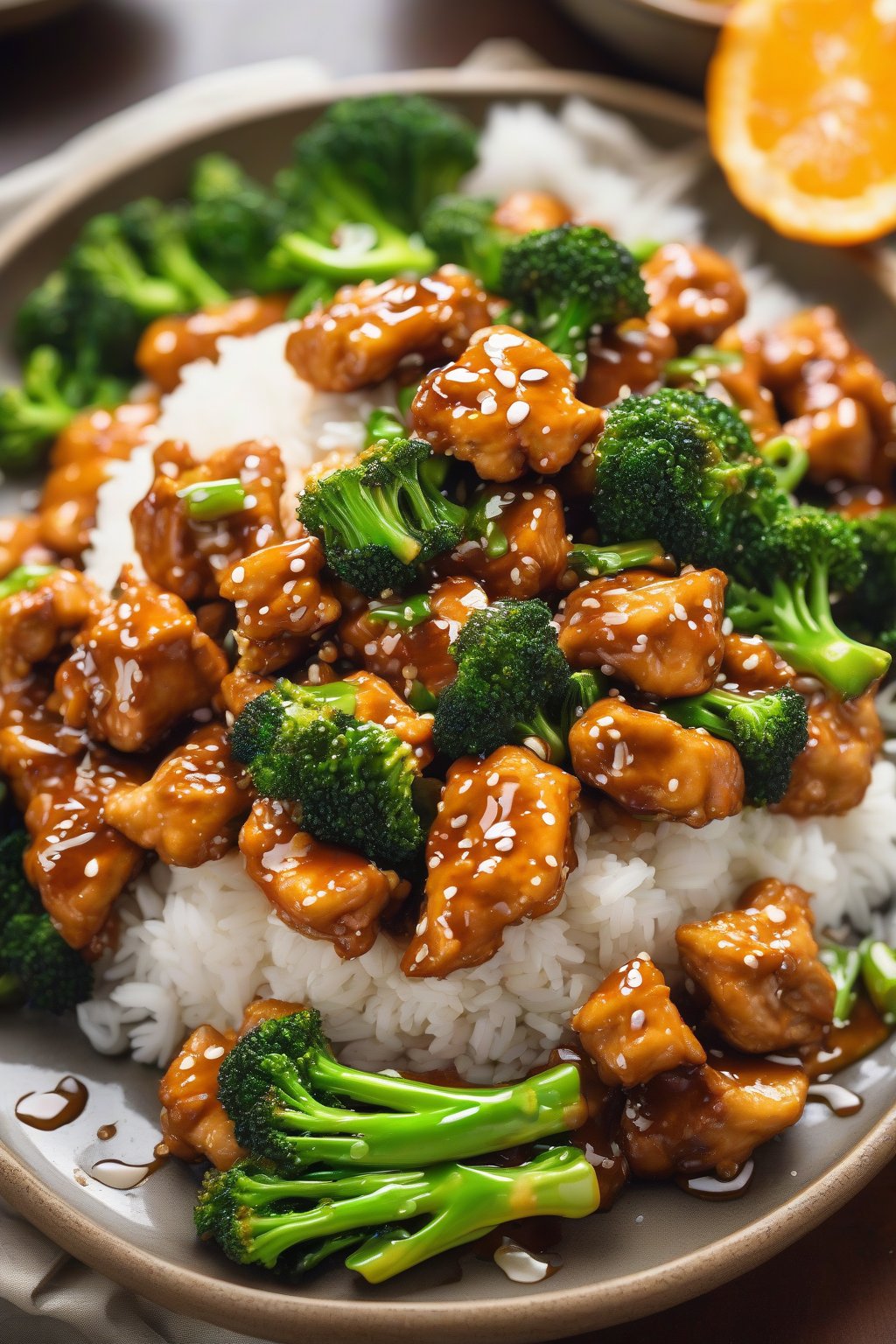A high-resolution photo of orange chicken stir-fried with vibrant green broccoli, sauce coating everything, under soft lighting.